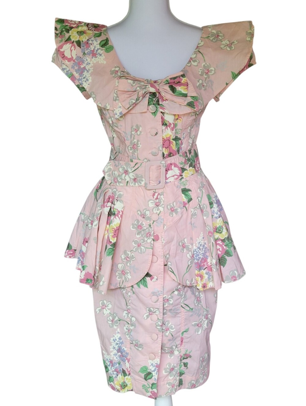 Vintage 80s 90s Melissa Harper Pink Floral Belted Hourglass Peplum Dress